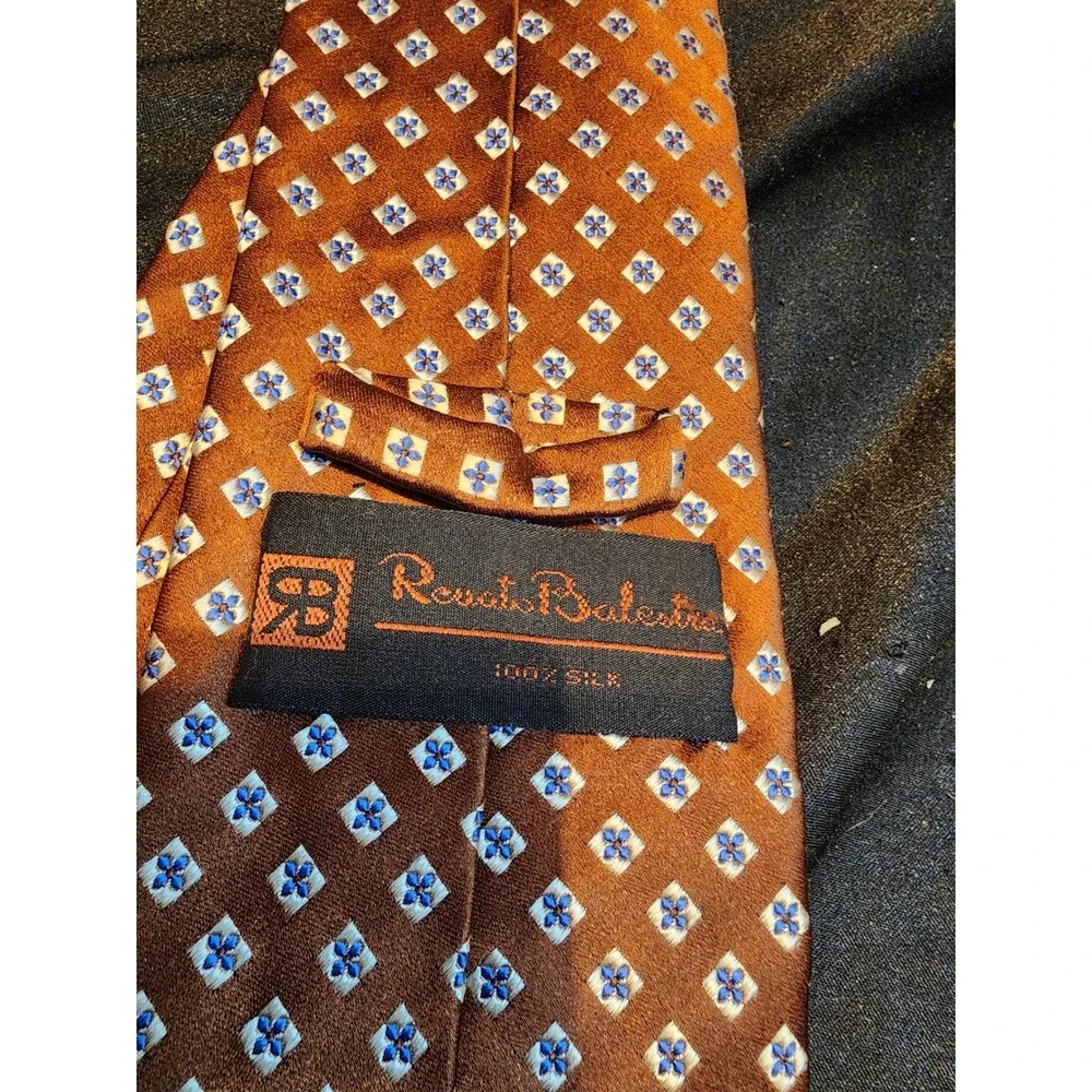 Renato Balestra Mens Silk Necktie‎ Orange Blue Geometric Floral Italian Designer